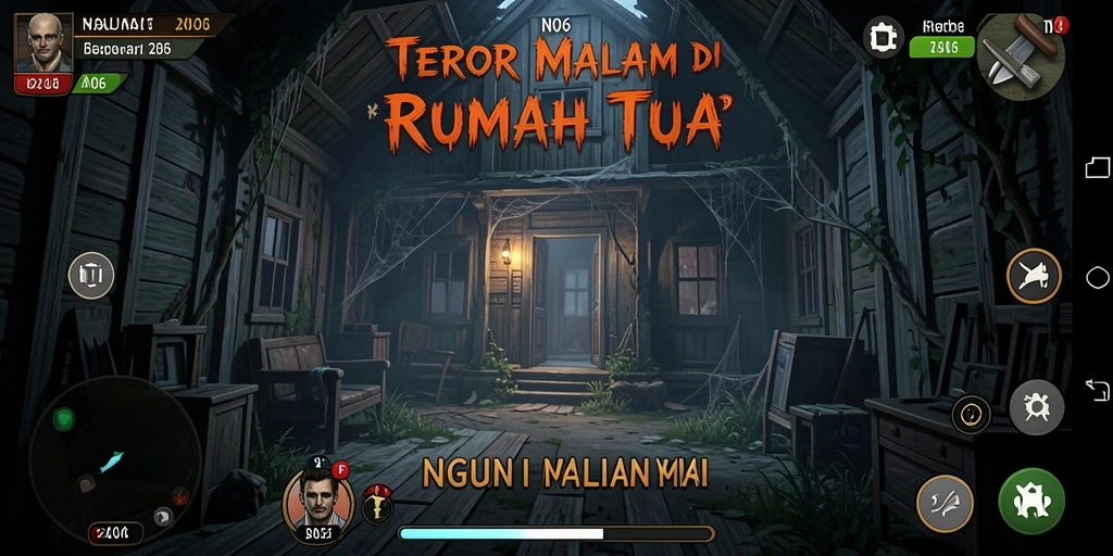 Tangkapan layar utama N06 menampilkan momen menegangkan saat menjelajahi rumah angker.